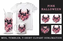 Watercolor Pink Halloween horror bat flowers roses 20 oz tumbler skinny mug wrap clipart t-shirt sublimation printable design