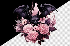 Watercolor Pink Halloween horror bat flowers roses 20 oz tumbler skinny mug wrap clipart t-shirt sublimation printable design