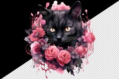 Watercolor Pink Halloween horror black cat flowers roses 20 oz tumbler skinny mug wrap clipart t-shirt sublimation printable design