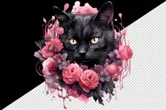 Watercolor Pink Halloween horror black cat flowers roses 20 oz tumbler skinny mug wrap clipart t-shirt sublimation printable design