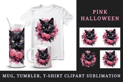 Watercolor Pink Halloween horror black cat flowers roses 20 oz tumbler skinny mug wrap clipart t-shirt sublimation printable design