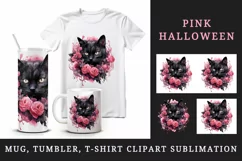 Watercolor Pink Halloween horror black cat flowers roses 20 oz tumbler skinny mug wrap clipart t-shirt sublimation printable design