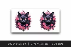 Watercolor Pink Halloween horror black cat flowers roses 20 oz tumbler skinny mug wrap clipart t-shirt sublimation printable design