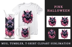 Watercolor Pink Halloween horror black cat flowers roses 20 oz tumbler skinny mug wrap clipart t-shirt sublimation printable design