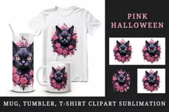 Watercolor Pink Halloween horror black cat flowers roses 20 oz tumbler skinny mug wrap clipart t-shirt sublimation printable design