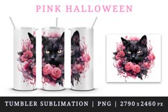 Watercolor Pink Halloween horror black cat flowers roses 20 oz tumbler skinny mug wrap clipart t-shirt sublimation printable design