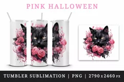 Watercolor Pink Halloween horror black cat flowers roses 20 oz tumbler skinny mug wrap clipart t-shirt sublimation printable design