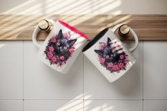Watercolor Pink Halloween horror black cat flowers roses 20 oz tumbler skinny mug wrap clipart t-shirt sublimation printable design