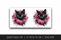 Watercolor Pink Halloween horror black cat flowers roses 20 oz tumbler skinny mug wrap clipart t-shirt sublimation printable design
