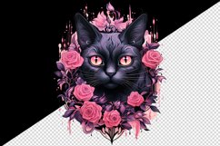 Watercolor Pink Halloween horror black cat flowers roses 20 oz tumbler skinny mug wrap clipart t-shirt sublimation printable design