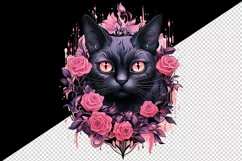 Watercolor Pink Halloween horror black cat flowers roses 20 oz tumbler skinny mug wrap clipart t-shirt sublimation printable design