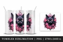 Watercolor Pink Halloween horror black cat flowers roses 20 oz tumbler skinny mug wrap clipart t-shirt sublimation printable design