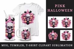 Watercolor Pink Halloween horror ghost flowers roses bats skull grim reaper 20 oz tumbler skinny mug wrap clipart t-shirt sublimation printable design