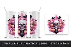 Watercolor Pink Halloween horror ghost flowers roses bats skull grim reaper 20 oz tumbler skinny mug wrap clipart t-shirt sublimation printable design