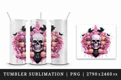Watercolor Pink Halloween horror ghost flowers roses bats skull grim reaper 20 oz tumbler skinny mug wrap clipart t-shirt sublimation printable design