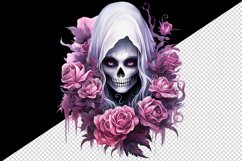 Watercolor Pink Halloween horror ghost flowers roses skull grim reaper 20 oz tumbler skinny mug wrap clipart t-shirt sublimation printable design