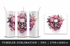 Watercolor Pink Halloween horror ghost flowers roses skull grim reaper 20 oz tumbler skinny mug wrap clipart t-shirt sublimation printable design