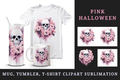 Watercolor Pink Halloween horror ghost flowers roses skull grim reaper 20 oz tumbler skinny mug wrap clipart t-shirt sublimation printable design