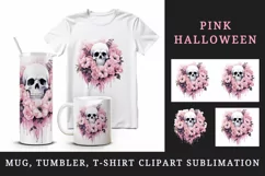 Watercolor Pink Halloween horror ghost flowers roses skull grim reaper 20 oz tumbler skinny mug wrap clipart t-shirt sublimation printable design