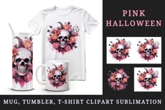 Watercolor Pink Halloween horror ghost flowers roses skull grim reaper 20 oz tumbler skinny mug wrap clipart t-shirt sublimation printable design