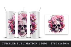 Watercolor Pink Halloween horror ghost flowers roses skull grim reaper 20 oz tumbler skinny mug wrap clipart t-shirt sublimation printable design