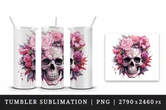 Watercolor Pink Halloween horror ghost flowers roses skull grim reaper 20 oz tumbler skinny mug wrap clipart t-shirt sublimation printable design