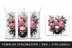 Watercolor Pink Halloween horror ghost flowers roses skull grim reaper 20 oz tumbler skinny mug wrap clipart t-shirt sublimation printable design