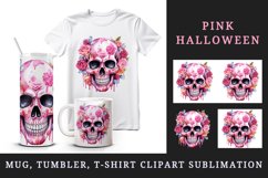 Watercolor Pink Halloween horror ghost flowers roses skull grim reaper 20 oz tumbler skinny mug wrap clipart t-shirt sublimation printable design