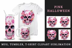 Watercolor Pink Halloween horror ghost flowers roses skull grim reaper 20 oz tumbler skinny mug wrap clipart t-shirt sublimation printable design