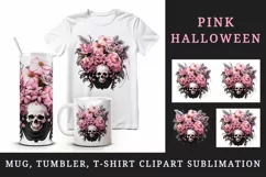 Watercolor Pink Halloween horror ghost flowers roses skull grim reaper 20 oz tumbler skinny mug wrap clipart t-shirt sublimation printable design