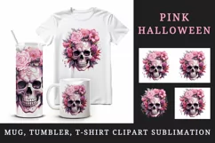 Watercolor Pink Halloween horror ghost flowers roses skull grim reaper 20 oz tumbler skinny mug wrap clipart t-shirt sublimation printable design