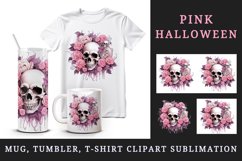 Watercolor Pink Halloween horror ghost flowers roses skull grim reaper 20 oz tumbler skinny mug wrap clipart t-shirt sublimation printable design