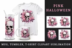 Watercolor Pink Halloween horror ghost flowers roses skull grim reaper 20 oz tumbler skinny mug wrap clipart t-shirt sublimation printable design