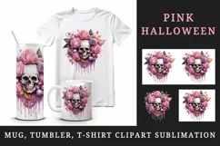 Watercolor Pink Halloween horror ghost flowers roses skull grim reaper 20 oz tumbler skinny mug wrap clipart t-shirt sublimation printable design