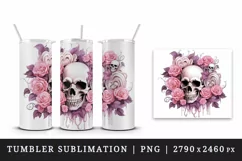 Watercolor Pink Halloween horror ghost flowers roses skull grim reaper 20 oz tumbler skinny mug wrap clipart t-shirt sublimation printable design