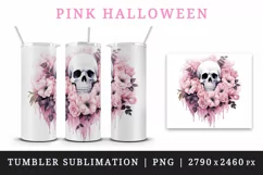 Watercolor Pink Halloween horror ghost flowers roses skull grim reaper 20 oz tumbler skinny mug wrap clipart t-shirt sublimation printable design