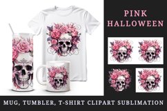 Watercolor Pink Halloween horror ghost flowers roses skull grim reaper 20 oz tumbler skinny mug wrap clipart t-shirt sublimation printable design