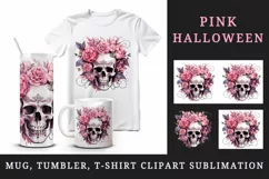 Watercolor Pink Halloween horror ghost flowers roses skull grim reaper 20 oz tumbler skinny mug wrap clipart t-shirt sublimation printable design