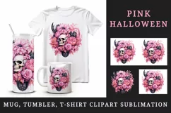Watercolor Pink Halloween horror ghost flowers roses skull grim reaper 20 oz tumbler skinny mug wrap clipart t-shirt sublimation printable design