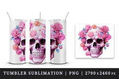 Watercolor Pink Halloween horror ghost flowers roses skull grim reaper 20 oz tumbler skinny mug wrap clipart t-shirt sublimation printable design