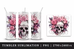 Watercolor Pink Halloween horror ghost flowers roses skull grim reaper 20 oz tumbler skinny mug wrap clipart t-shirt sublimation printable design