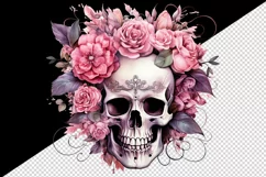 Watercolor Pink Halloween horror ghost flowers roses skull grim reaper 20 oz tumbler skinny mug wrap clipart t-shirt sublimation printable design
