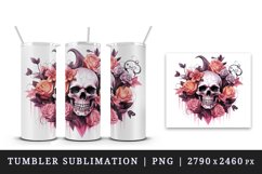 Watercolor Pink Halloween horror ghost flowers roses skull grim reaper 20 oz tumbler skinny mug wrap clipart t-shirt sublimation printable design