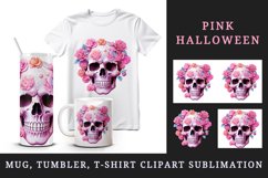 Watercolor Pink Halloween horror ghost flowers roses skull grim reaper 20 oz tumbler skinny mug wrap clipart t-shirt sublimation printable design