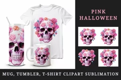 Watercolor Pink Halloween horror ghost flowers roses skull grim reaper 20 oz tumbler skinny mug wrap clipart t-shirt sublimation printable design