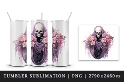 Watercolor Pink Halloween horror ghost flowers roses skull grim reaper 20 oz tumbler skinny mug wrap clipart t-shirt sublimation printable design