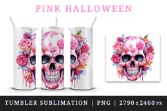 Watercolor Pink Halloween horror ghost flowers roses skull grim reaper 20 oz tumbler skinny mug wrap clipart t-shirt sublimation printable design