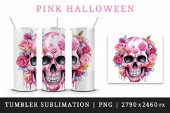 Watercolor Pink Halloween horror ghost flowers roses skull grim reaper 20 oz tumbler skinny mug wrap clipart t-shirt sublimation printable design