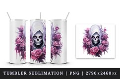 Watercolor Pink Halloween horror ghost flowers roses skull grim reaper 20 oz tumbler skinny mug wrap clipart t-shirt sublimation printable design