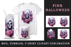 Watercolor Pink Halloween horror ghost flowers roses skull grim reaper 20 oz tumbler skinny mug wrap clipart t-shirt sublimation printable design